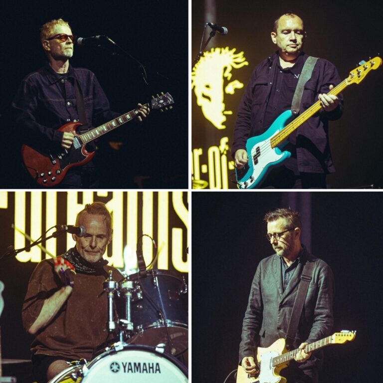 Power of Dreams playing live - four panels showing the band's two guitarists, bassist and drummer on stage